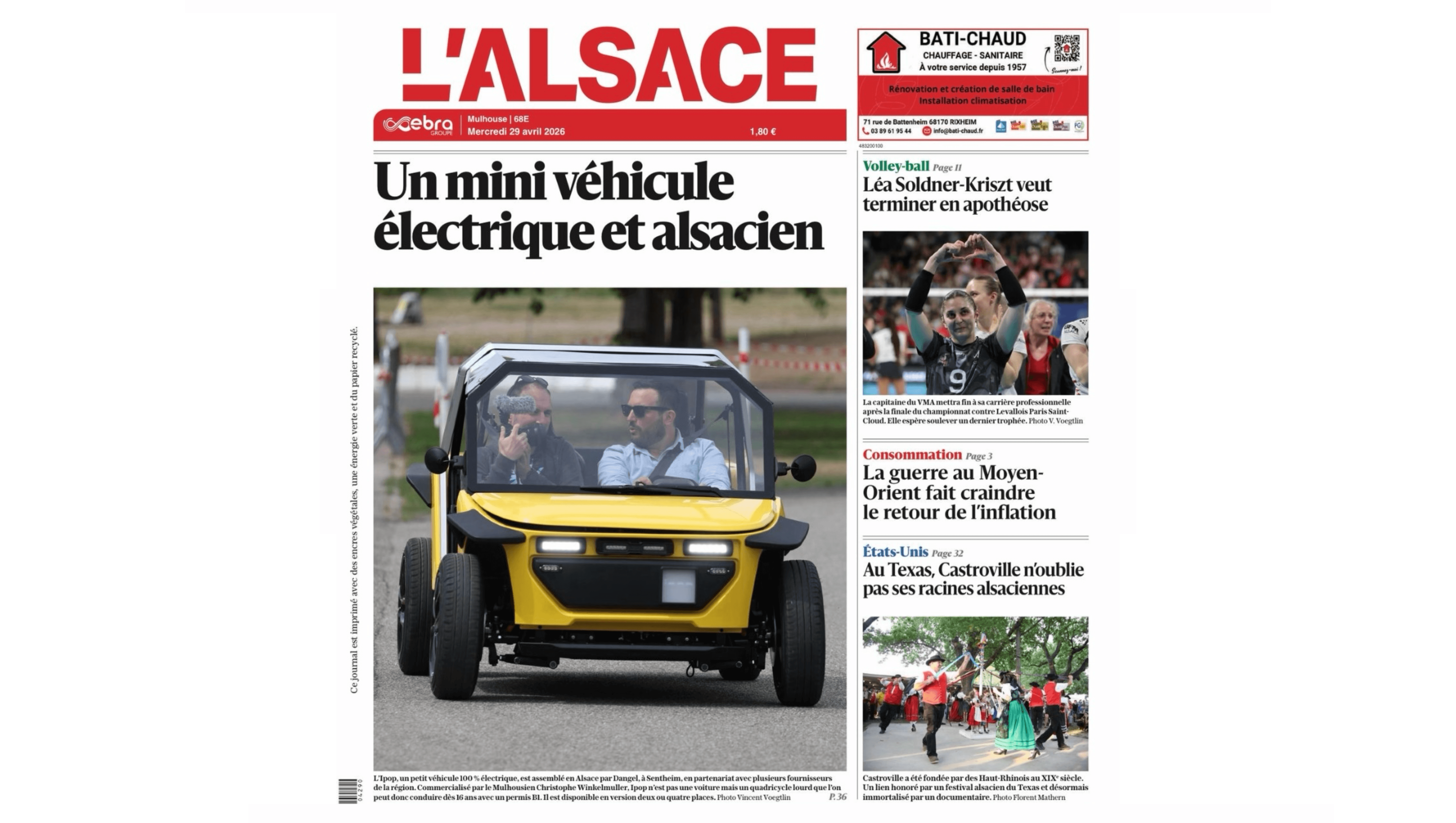 La Une de L'Alsace pour l'ipop 